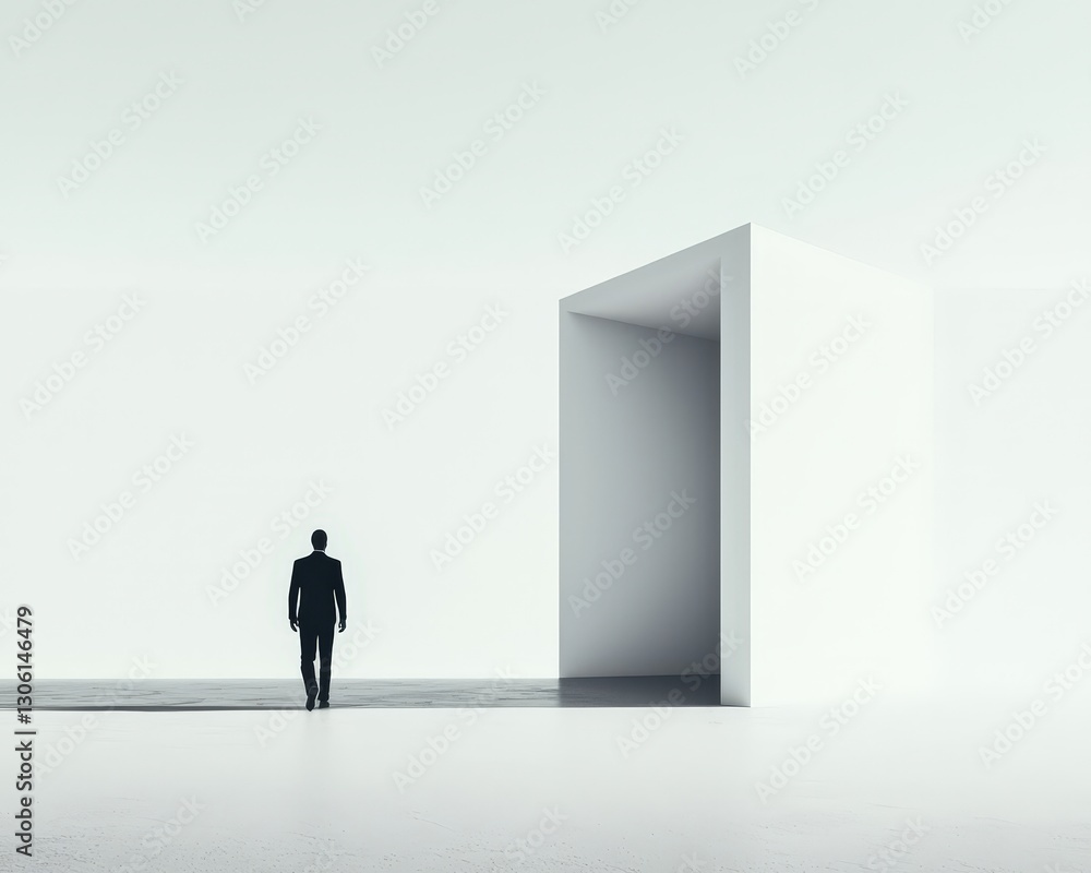 Solitary Figure Approaching Minimalist Architectural Space Solitary Figure Approaching Minimalist Architectural Space