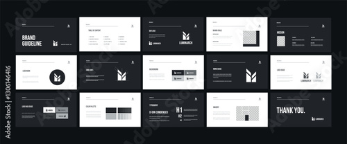 Brand identity framework template. Innovative brand standards layout. Logo and branding strategy guide. Brand presentation manual.