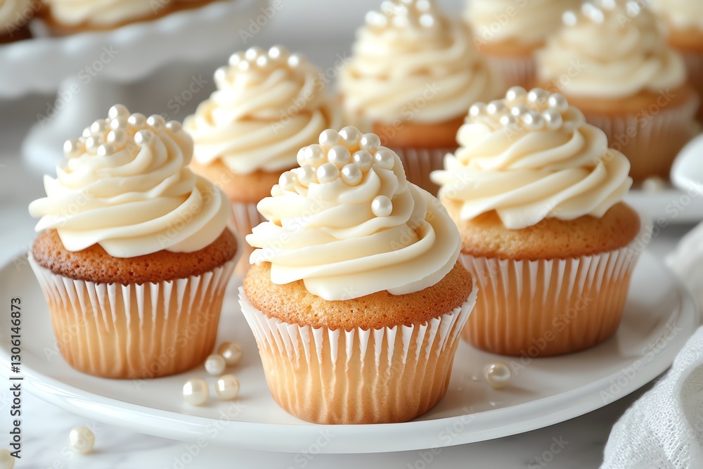 Decadent Vanilla Cupcakes with Creamy Frosting and Elegant Pearls for Celebrations Decadent Vanilla Cupcakes with Creamy Frosting and Elegant Pearls for Celebrations