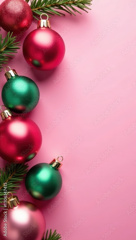 Pink background, colorful Christmas baubles overhead , baubles, blue Pink background, colorful Christmas baubles overhead , baubles, blue