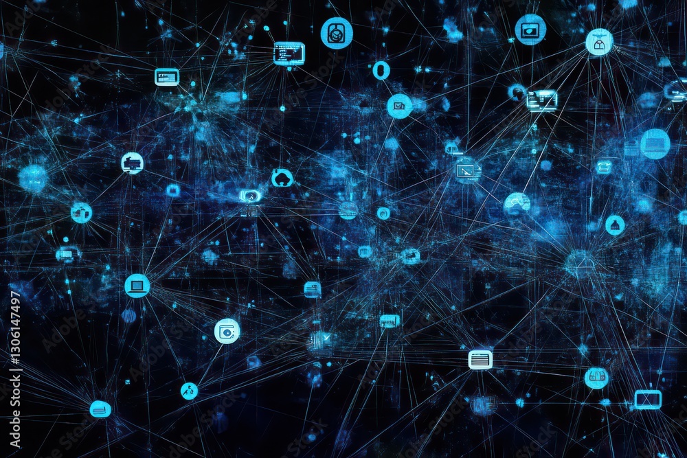 Obraz premium A web of blue icons connected with digital pathways in a virtual space.