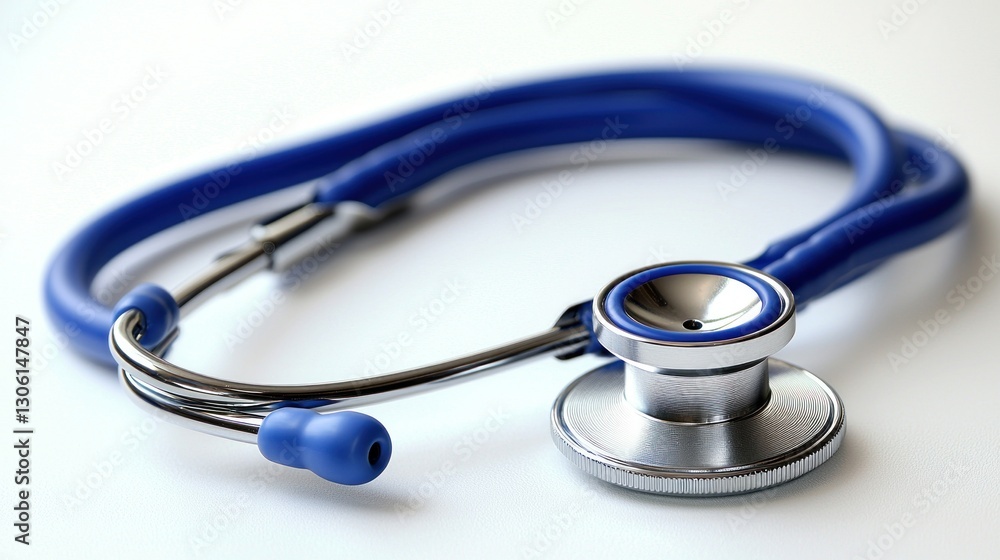 A blue stethoscope rests on a clean white surface showing detail A blue stethoscope rests on a clean white surface showing detail