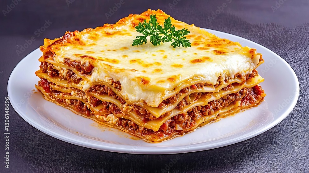 Delicious lasagna layered with meat, cheese, and pasta served on a white plate. Delicious lasagna layered with meat, cheese, and pasta served on a white plate.