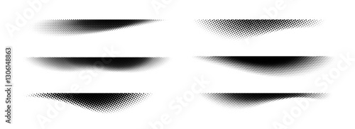 Halftone shadows set. Black dotted gradient stripes collection. Horizontal pixelated grain line patterns. Half tone textured shades pack for divide and separate. Vector noise dots and particles strips