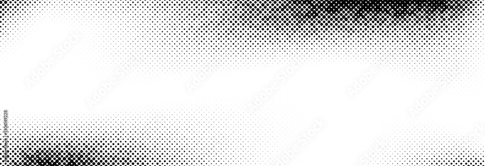 Naklejka premium Dotted halftone texture background. Black and white pop art gradient overlay. Vanishing grunge gritty noise wallpaper. Weathered pixelated raster comic backdrop. Vector bitmap fading subtle surface