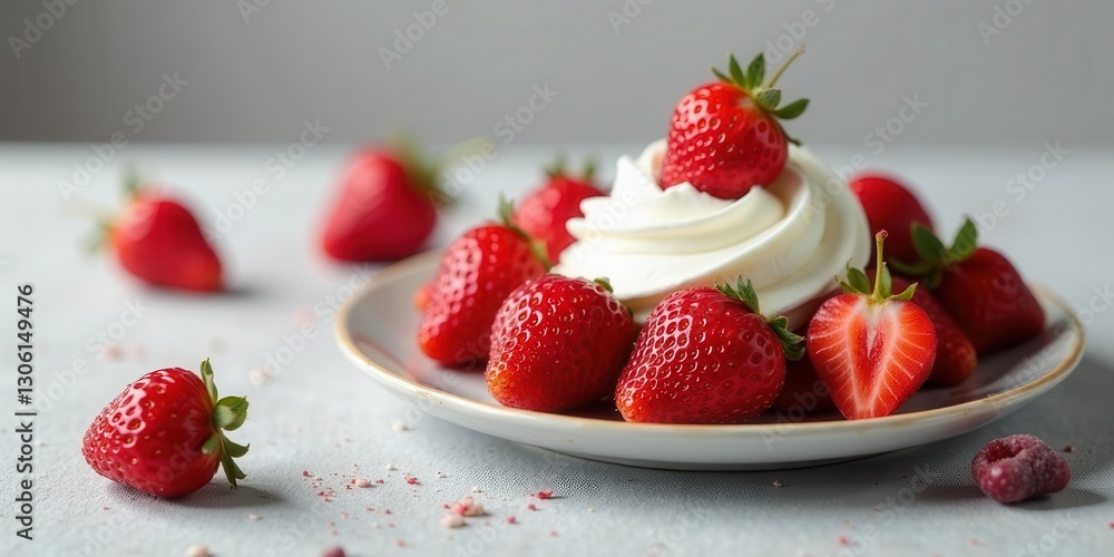 Delightful Dessert Creamy Whipped Topping Adorned with Fresh, Juicy Strawberries on a Plate Delightful Dessert Creamy Whipped Topping Adorned with Fresh, Juicy Strawberries on a Plate