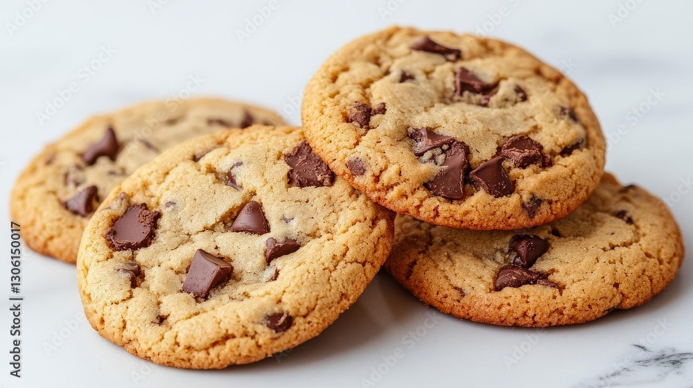 Delicious chocolate chip cookies stacked on a marble surface, perfect for dessert. Delicious chocolate chip cookies stacked on a marble surface, perfect for dessert.