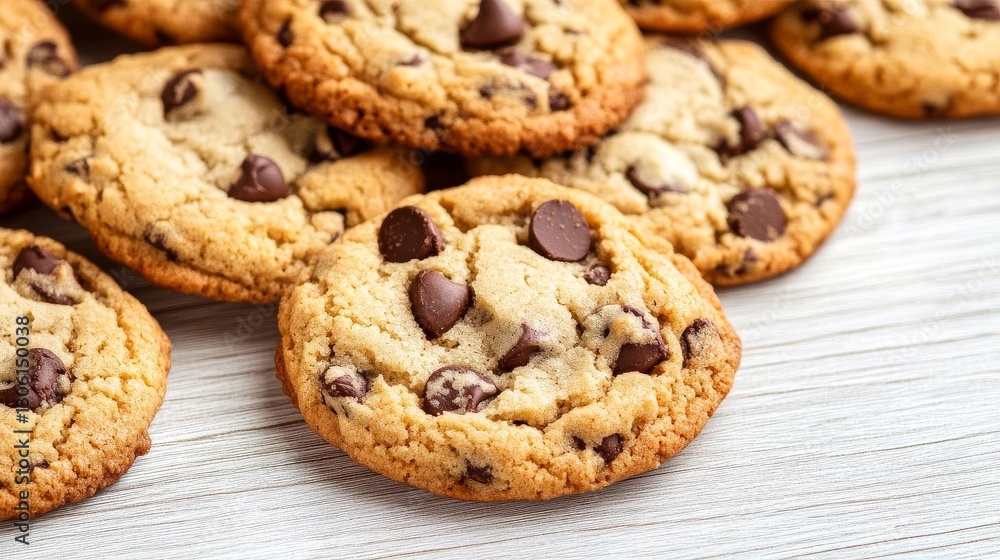 Delicious chocolate chip cookies arranged on a white wooden surface. Delicious chocolate chip cookies arranged on a white wooden surface.
