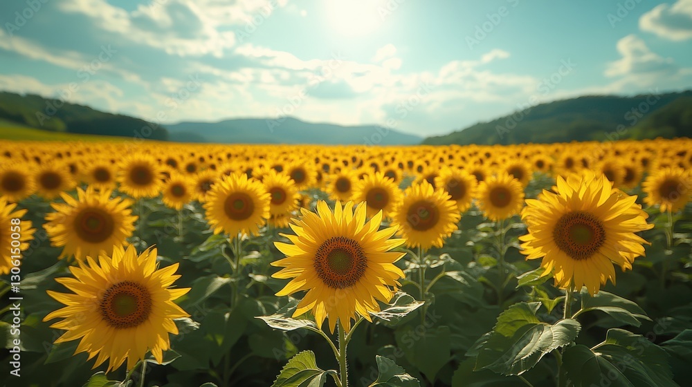 Obraz premium A vibrant sunflower field under a bright blue sky.
