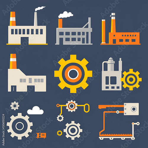 Collection of industrial icons including factory buildings, gears, and assembly lines, all in a clean, modern style