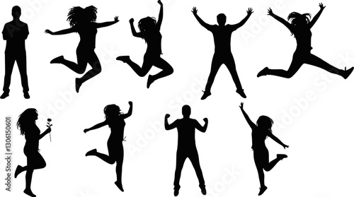 Silhouettes of young people jumping in fashionable clothes. Vector silhouettes man and women, illustration. EPS 10 version.