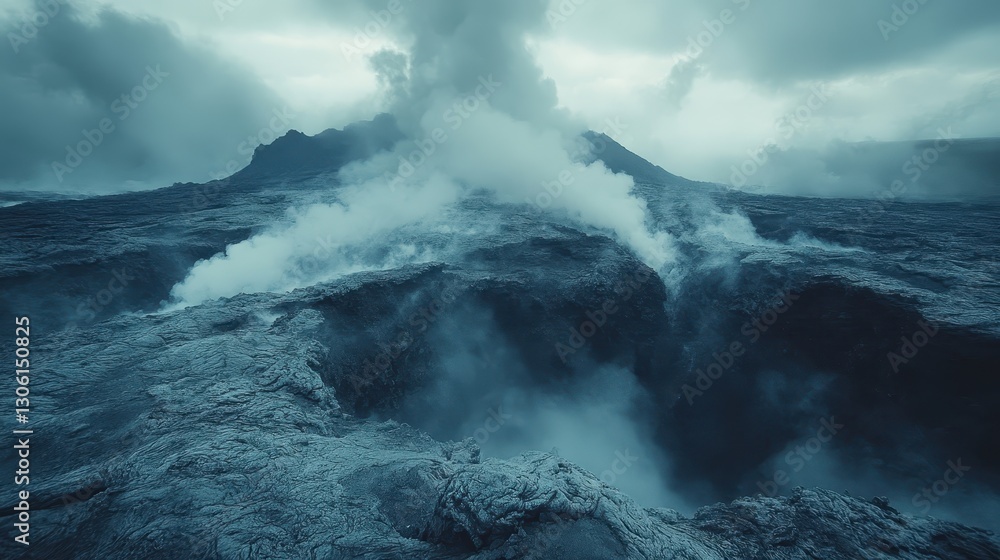 Obraz premium A volcanic landscape with steaming vents and rugged terrain.