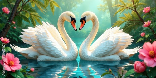 Wallpaper Mural Serene Swans Forming a Heart Shape in a Tranquil Water Garden, Surrounded by Lush Greenery and Delicate Pink Blossoms Torontodigital.ca