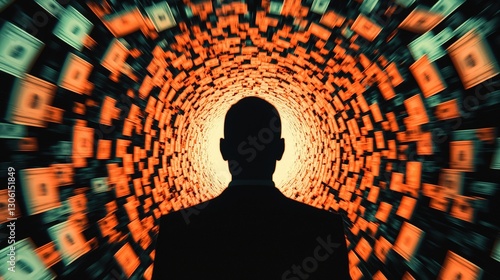 Businessman in Abstract Money Tunnel Concept