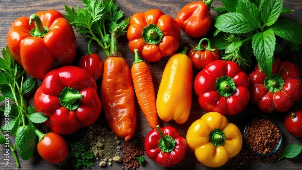 A vibrant collection of sweet peppers, showcasing diverse colors and shapes, complemented by fresh herbs and earthy spices. A vibrant collection of sweet peppers, showcasing diverse colors and shapes, complemented by fresh herbs and earthy spices.