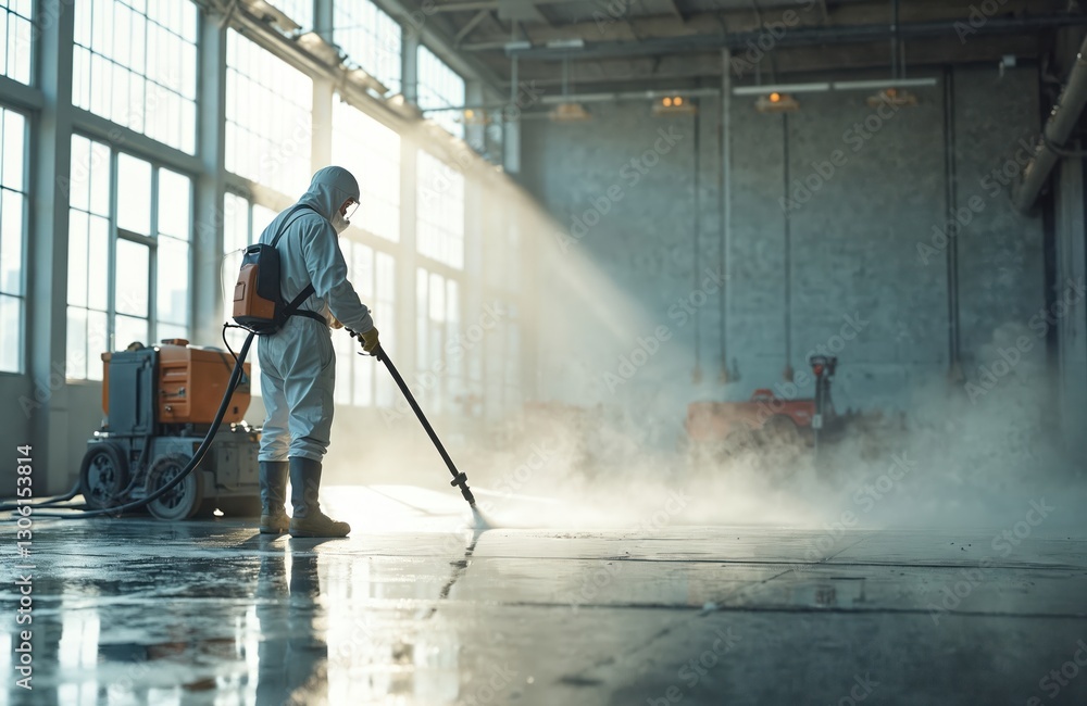 Worker in protective suit cleans industrial building floor with pressure washer. Pro sanitation service disinfects hall. Man sprays water jet, removes dirt. Big windows, equipment, sunlight indoors. Worker in protective suit cleans industrial building floor with pressure washer. Pro sanitation service disinfects hall. Man sprays water jet, removes dirt. Big windows, equipment, sunlight indoors.