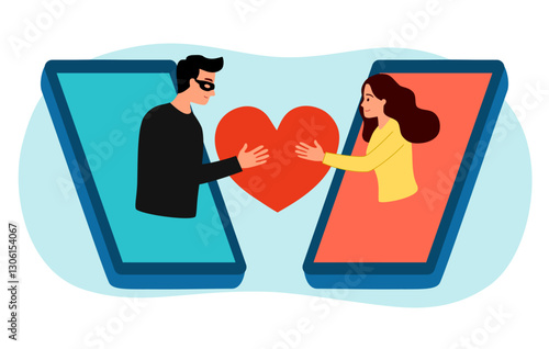 Woman and scammer guy on mobile screen. Online dating scam on smartphone mobile app in flat design. Phone phishing. Romance scam concept.