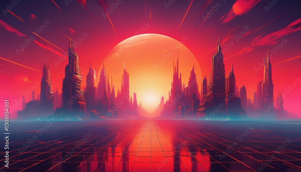Obraz premium A stunning abstract futuristic city skyline with retro sci-fi vibes, featuring towering structures, neon lights, and a dynamic, otherworldly atmosphere. 