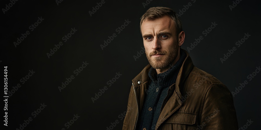 Confident Man in Brown Jacket Posing Against Dark Background Confident Man in Brown Jacket Posing Against Dark Background