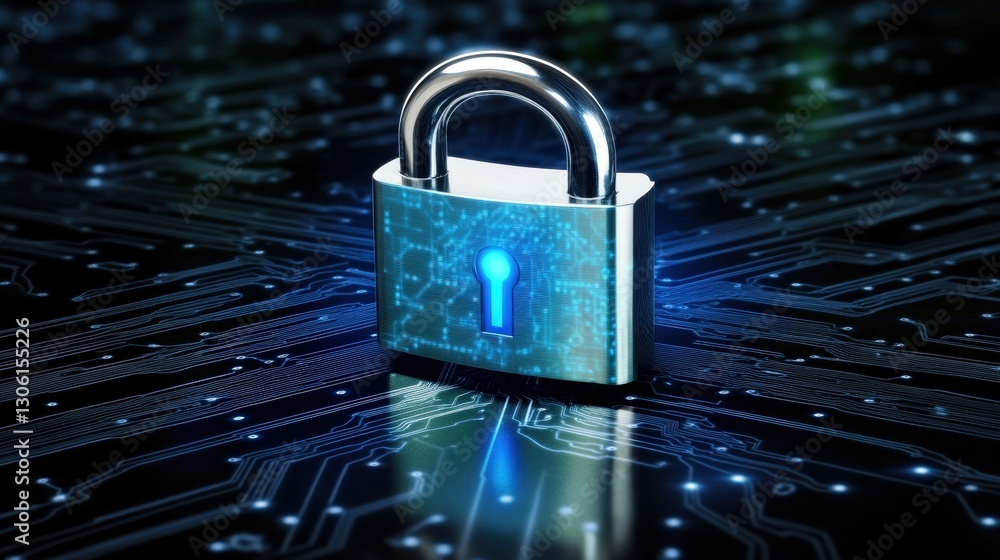 Secure padlock on a circuit board symbolizing digital security and protection against cyber threats Secure padlock on a circuit board symbolizing digital security and protection against cyber threats