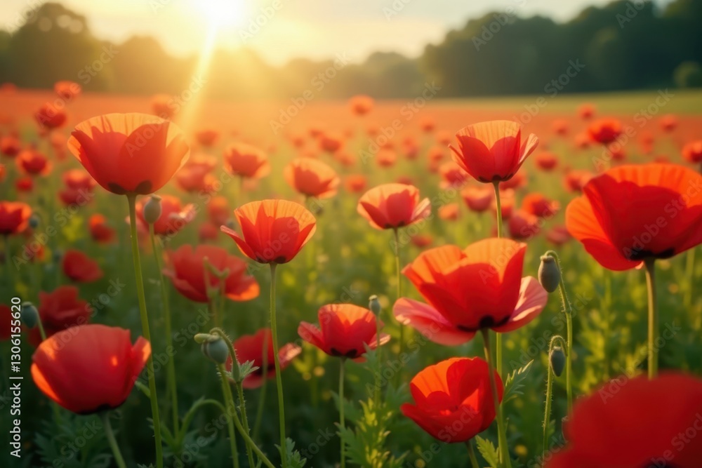 Sunbeams illuminate a sea of poppies, swaying gently , scenic, field Sunbeams illuminate a sea of poppies, swaying gently , scenic, field