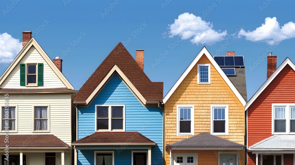 Colorful Row of Charming Houses Against a Bright Blue Sky with Fluffy White Clouds in a Residential Neighborhood Scene