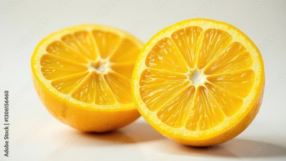 Two Halves of a Vibrant Citrus Fruit Displaying Juicy Segments and a Bright Yellow Hue on a Smooth, White Background Two Halves of a Vibrant Citrus Fruit Displaying Juicy Segments and a Bright Yellow Hue on a Smooth, White Background
