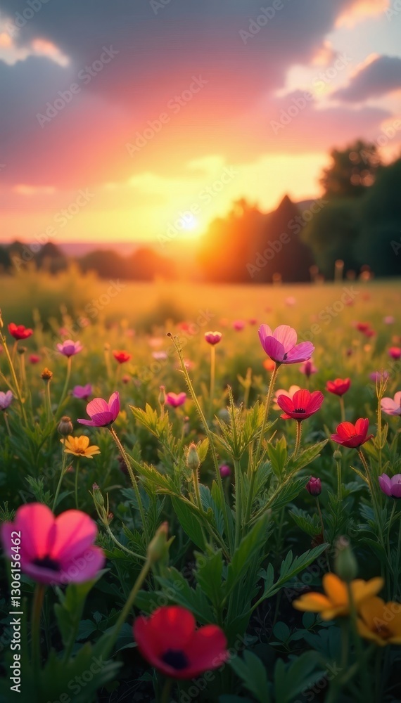 Obraz premium Sunrise hues splash across blooming meadow, vibrant colors , light, colors