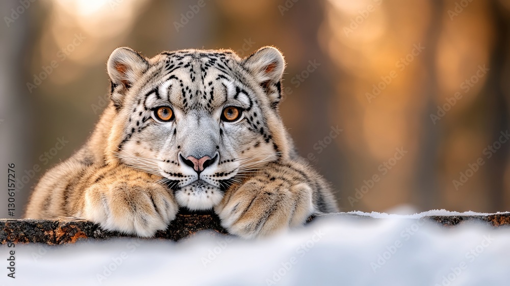 Fototapeta premium A snow leopard laying on top of a snow covered ground
