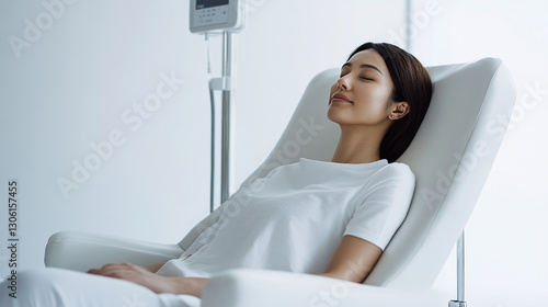 Patient person relax refreshed glowing face receiving IV therapy sitting in a clean clinic medical hospital