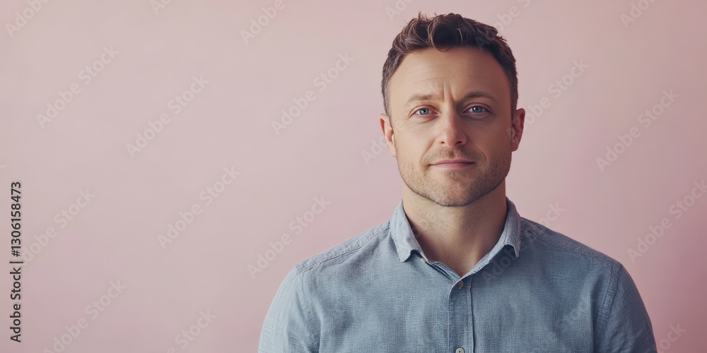 Obraz premium Confident Young Man Posing Against a Soft Pink Background in Casual Attire