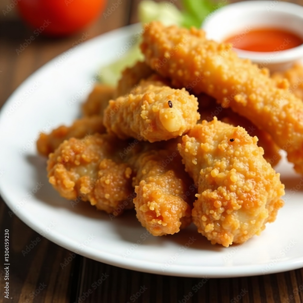 Close-up of golden crispy fried chicken on a white plate, crispy, tasty, crunchy