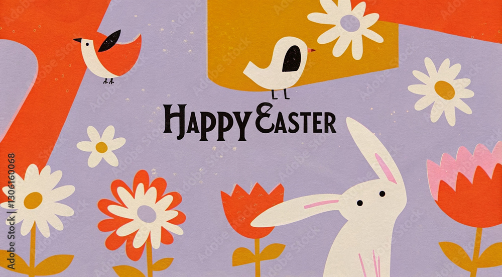 A colorful Easter greeting illustration featuring a rabbit, bird, and flowers, symbolizing spring and festivity. A colorful Easter greeting illustration featuring a rabbit, bird, and flowers, symbolizing spring and festivity.
