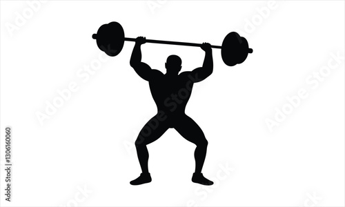 Muscular man lifts heavy barbell overhead.
