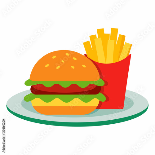 Delicious hamburger with lettuce, tomato, and fries on plate