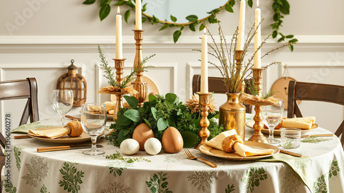 Traditional Easter feast with decorated table photo