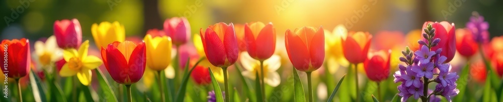 Vibrant tulips, daffodils, hyacinths bloom in sunlight , field, blooms Vibrant tulips, daffodils, hyacinths bloom in sunlight , field, blooms
