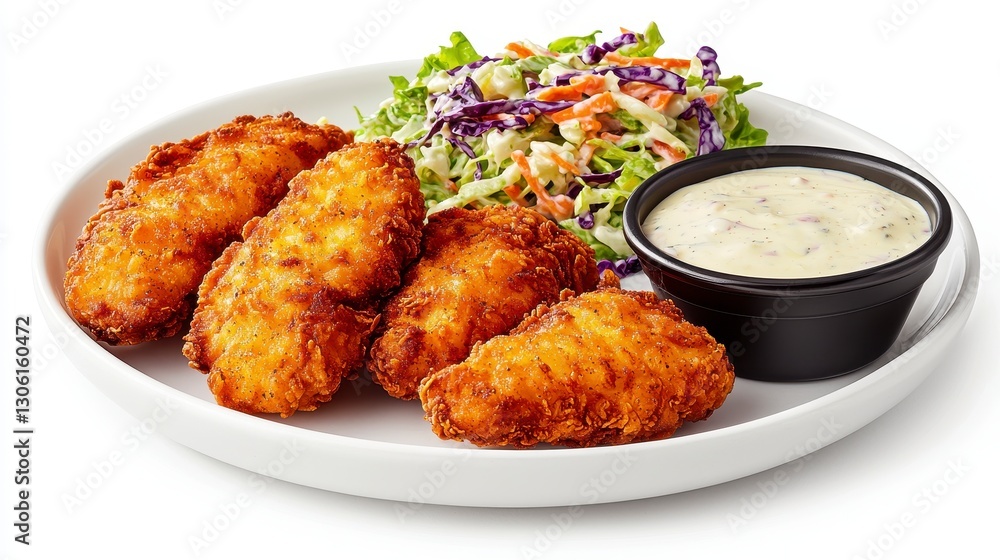 Fototapeta premium Crispy Fried Chicken Tenders Delight A Delicious Plate of Golden-Brown Chicken Strips Served with Creamy Dip and Fresh Coleslaw Perfect for Lunch, Dinner, or a Quick Snack, this Image Showcases the