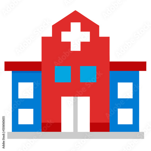 modern hospital building with red cross symbol, featuring blue accents and large windows, representing healthcare and medical services