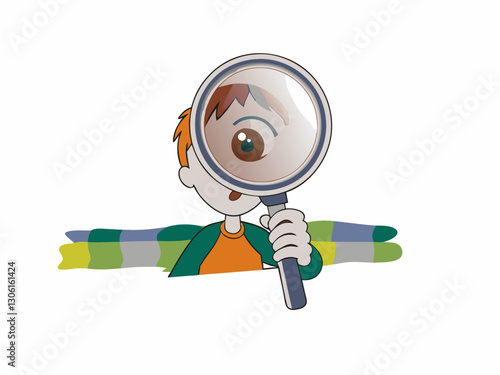 Curious boy holding magnifying glass, peeking through colorful scarf. His large eye shows excitement and wonder, perfect for educational or children themes