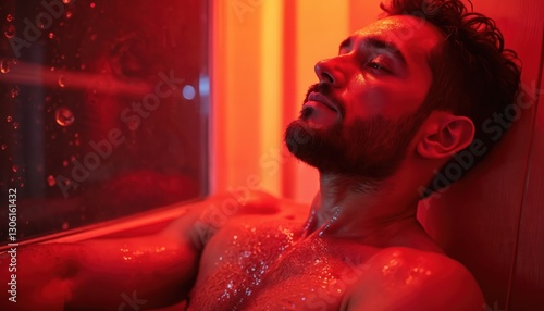 Biohacker uses infrared sauna, ambient red light therapy to help him relax. Man in sauna sweats on skin during wellness practice. Detoxification, recovery, rejuvenation for healthy lifestyle.