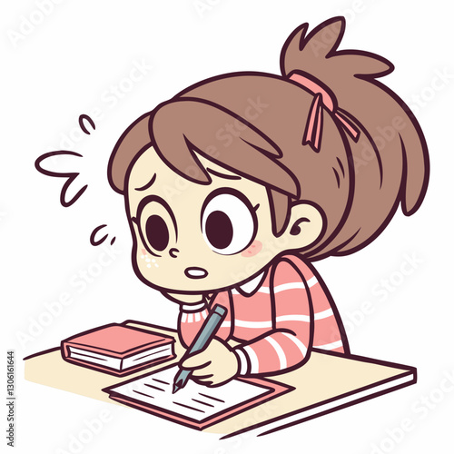 young girl with ponytail is sitting at desk, looking concerned while writing in notebook. She has thoughtful expression, surrounded by books