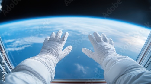 Fototapeta Naklejka Na Ścianę i Meble -  Reaching Into the Cosmic Unknown - Astronaut's Hands in Space with Earth in Background