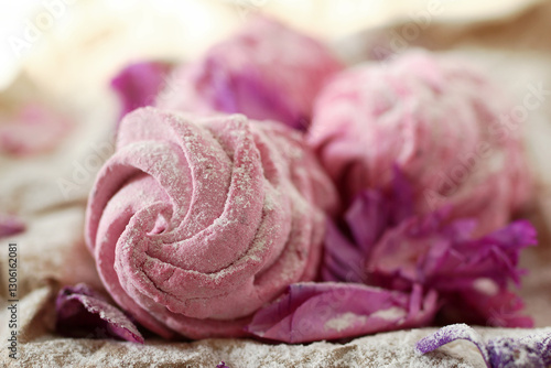 Wallpaper Mural Perfect dessert - delightful homemade pink berry marshmallows served sugar powder and purple flowers Torontodigital.ca