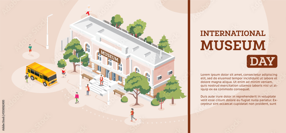 Fototapeta premium International museum day. 18 May. Isometric view of museum building. Beautiful classical building with columns. Trees and people around.
