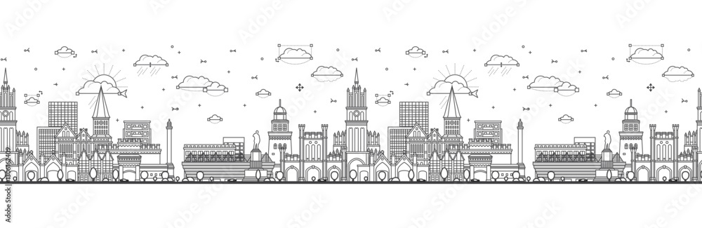 Seamless pattern with outline Kaliningrad Russia city skyline with modern and historic buildings isolated on white. Kaliningrad cityscape with landmarks. Seamless pattern with outline Kaliningrad Russia city skyline with modern and historic buildings isolated on white. Kaliningrad cityscape with landmarks.
