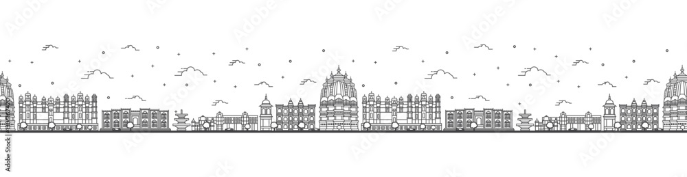Seamless pattern with outline Udaipur India City Skyline with Historical Buildings Isolated on White. Udaipur Cityscape with Landmarks. Seamless pattern with outline Udaipur India City Skyline with Historical Buildings Isolated on White. Udaipur Cityscape with Landmarks.