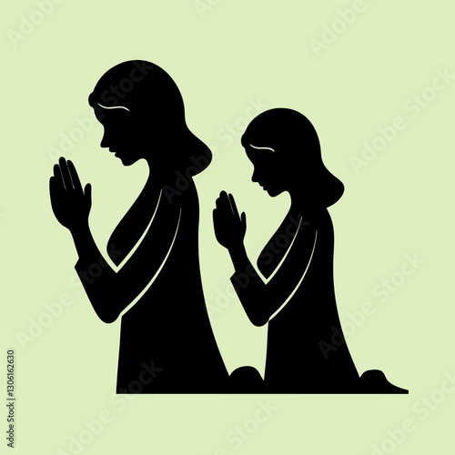 Silhouette of woman and girl praying together, expressing devotion and spirituality. image conveys sense of peace and connection through prayer