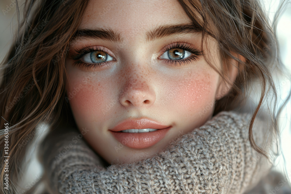 Close-up portrait of a girl with rosy cheeks and light brown hair, wearing a beige turtleneck sweater. Close-up portrait of a girl with rosy cheeks and light brown hair, wearing a beige turtleneck sweater.