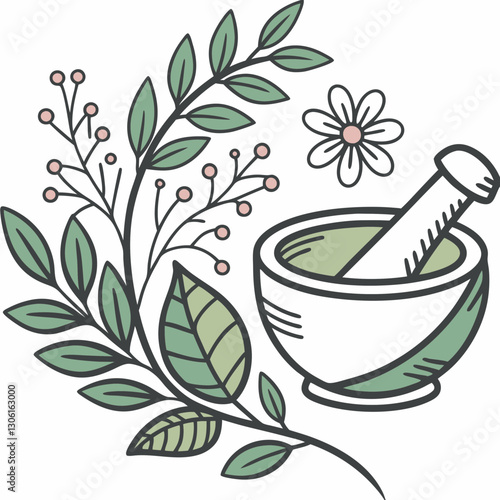 mortar and pestle surrounded by leaves and flowers, symbolizing herbal medicine and natural remedies. This illustration conveys sense of wellness and nature